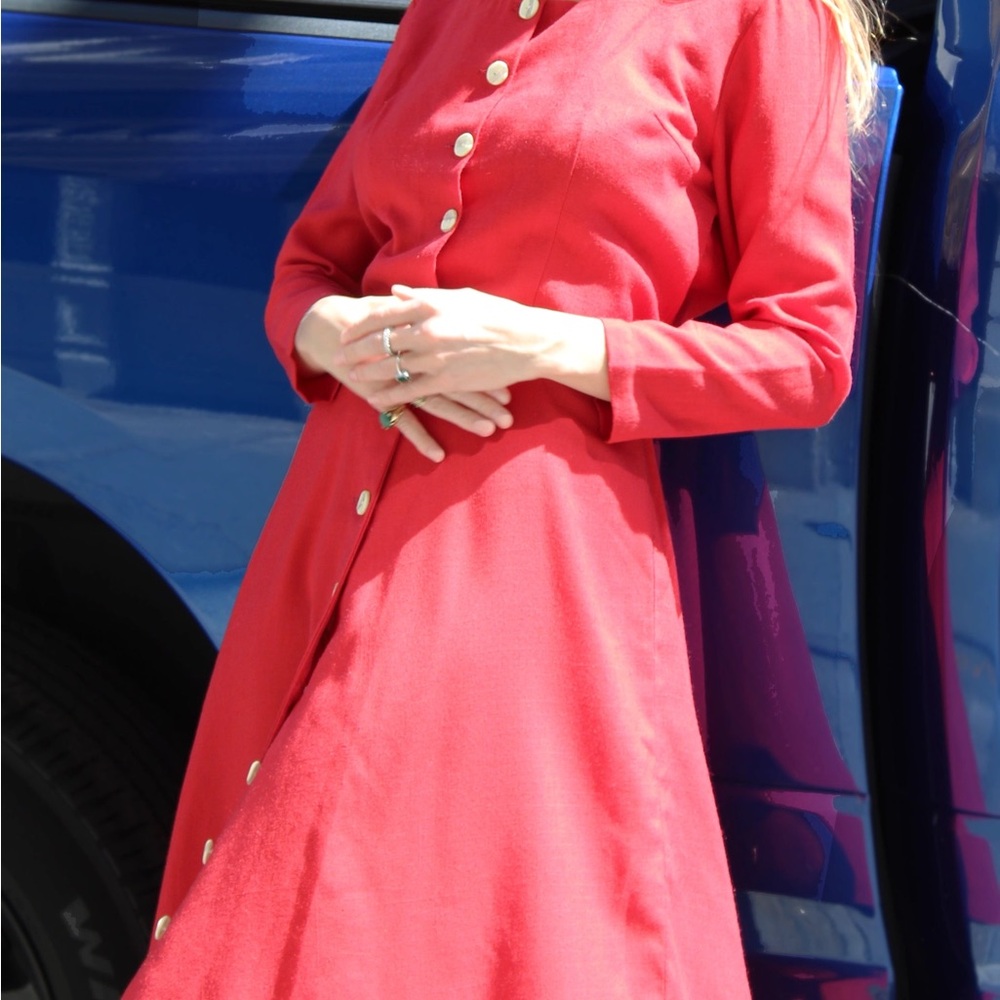 Vintage red long sleeve button down dress